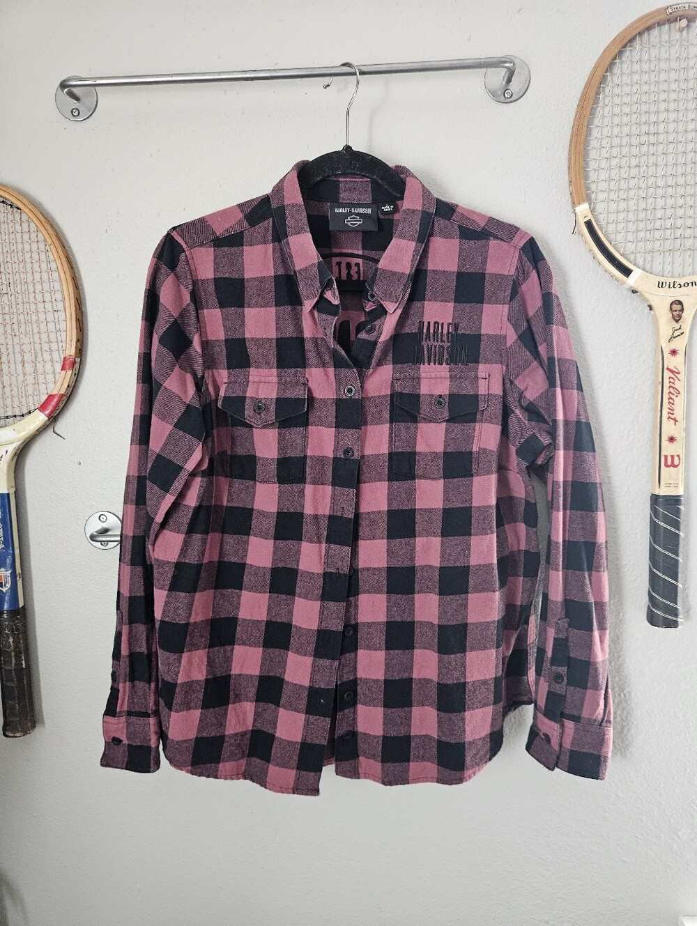 Harley Davidson Flannel Pink And Black Button Down Embroidery Logo Large